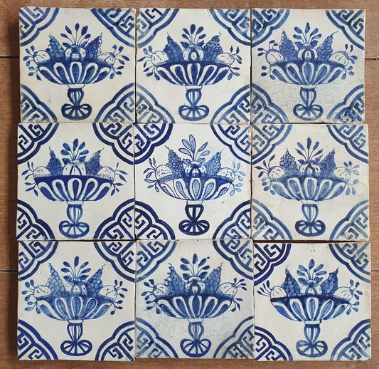 Antique Delft Tile Panel, Fruit Compote, 17th Century Dutch Tiles, Set of 9 fruitbasket ornament