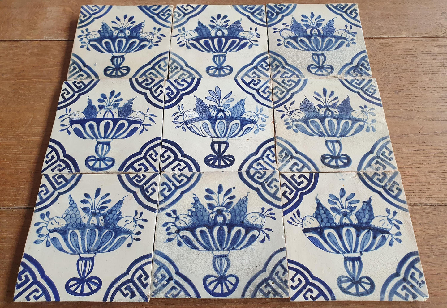 Antique Delft Tile Panel, Fruit Compote, 17th Century Dutch Tiles, Set of 9 fruitbasket ornament