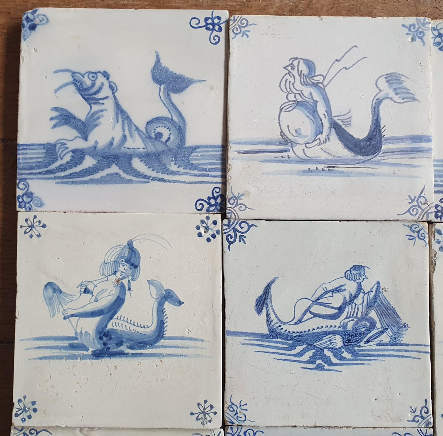 Antique Delft Mermaid Tiles, 17th Century Dutch Seascape, Set of 9