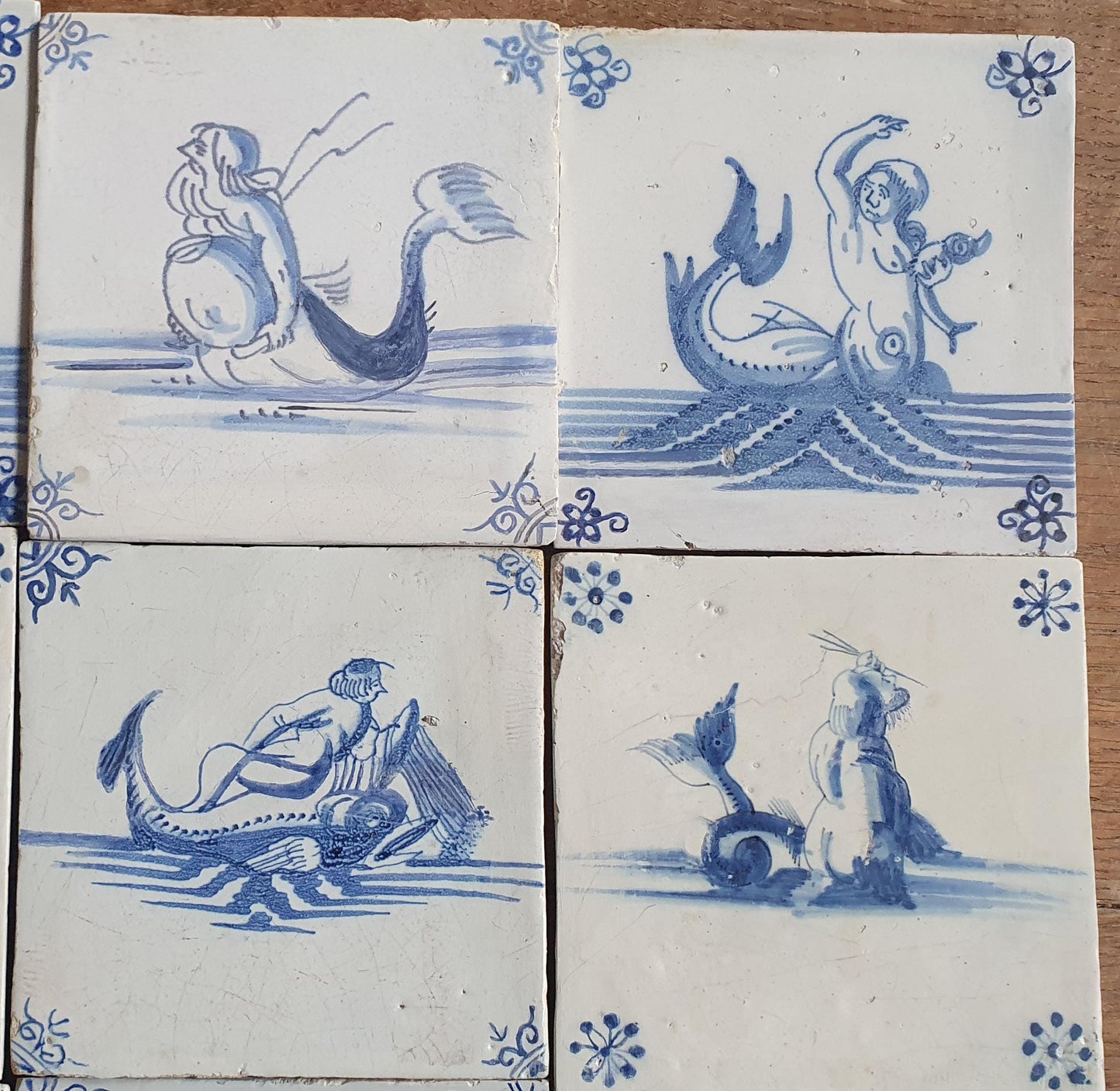 Antique Delft Mermaid Tiles, 17th Century Dutch Seascape, Set of 9