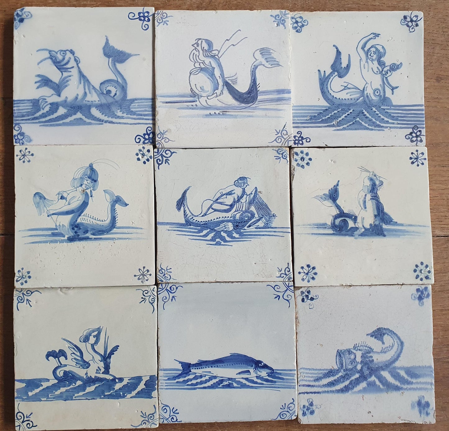 Antique Delft Mermaid Tiles, 17th Century Dutch Seascape, Set of 9