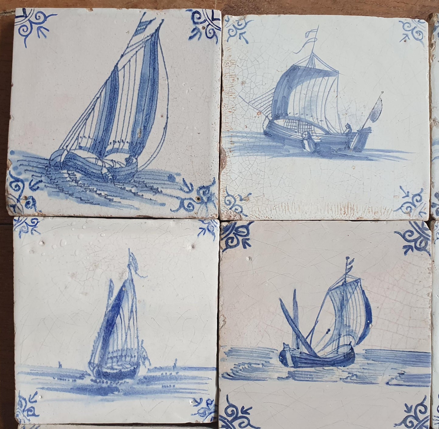 Antique Delft Tile Set, 17th Century Dutch Sailing Ships, Restored