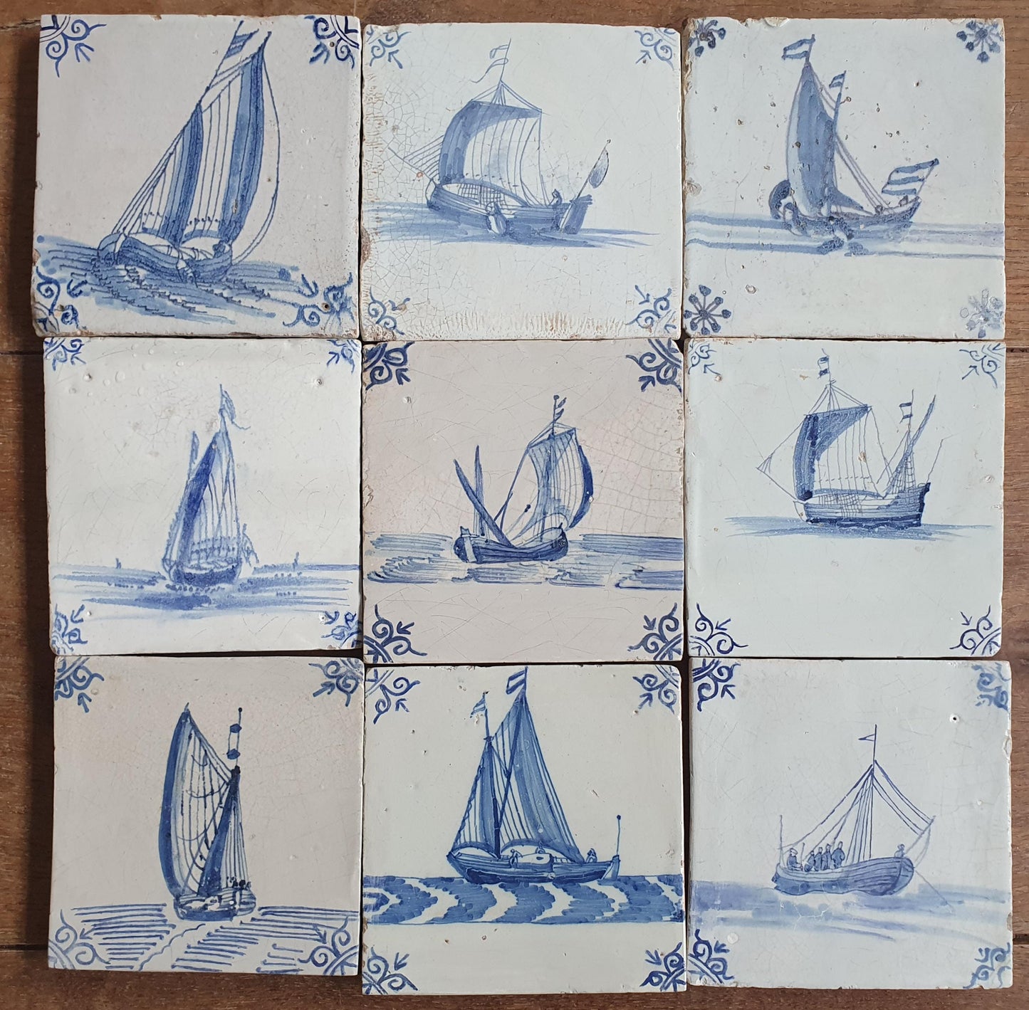 Antique Delft Tile Set, 17th Century Dutch Sailing Ships, Restored