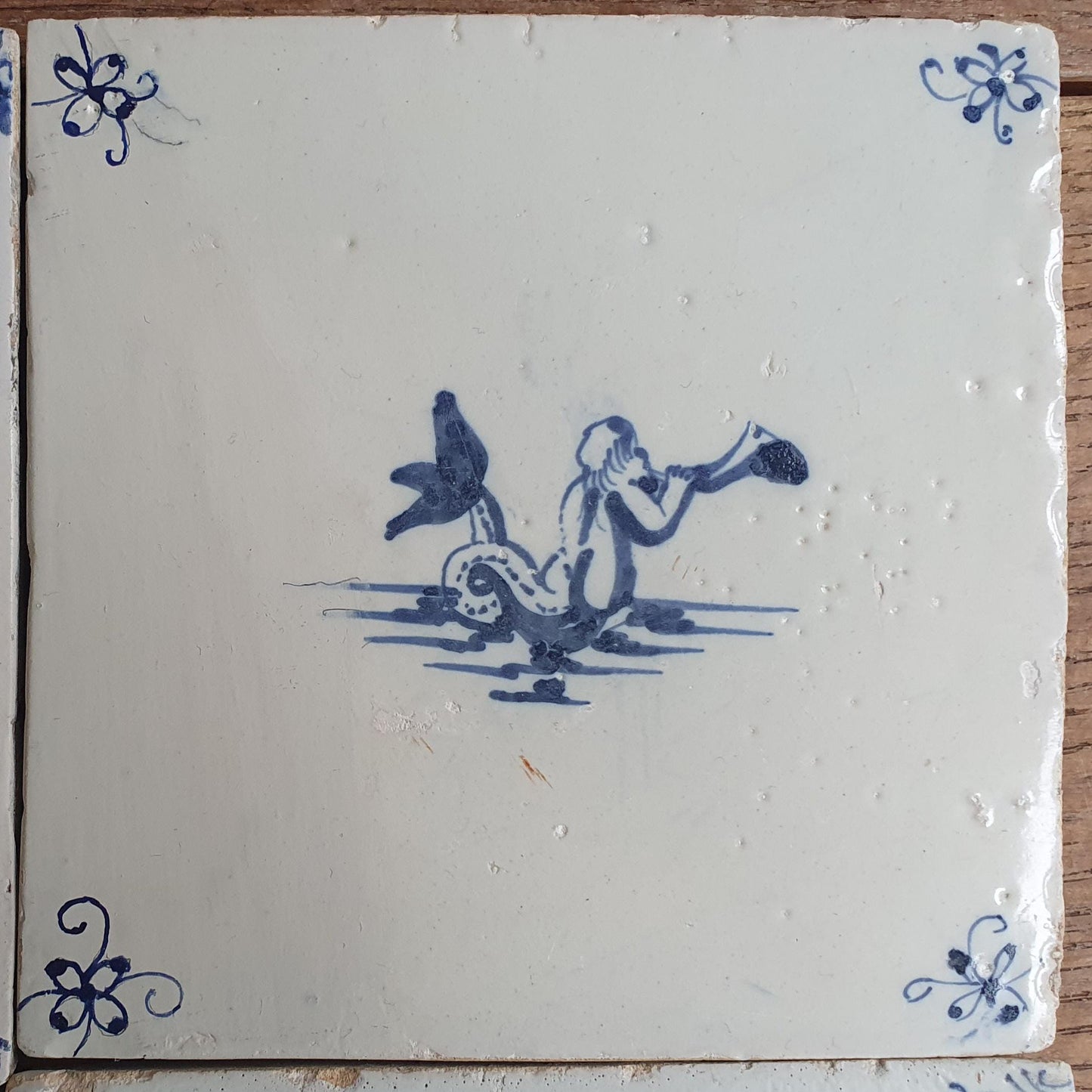 Antique Delft Tiles, 17th Century Dutch Mermaid & Ship Panel, Restored