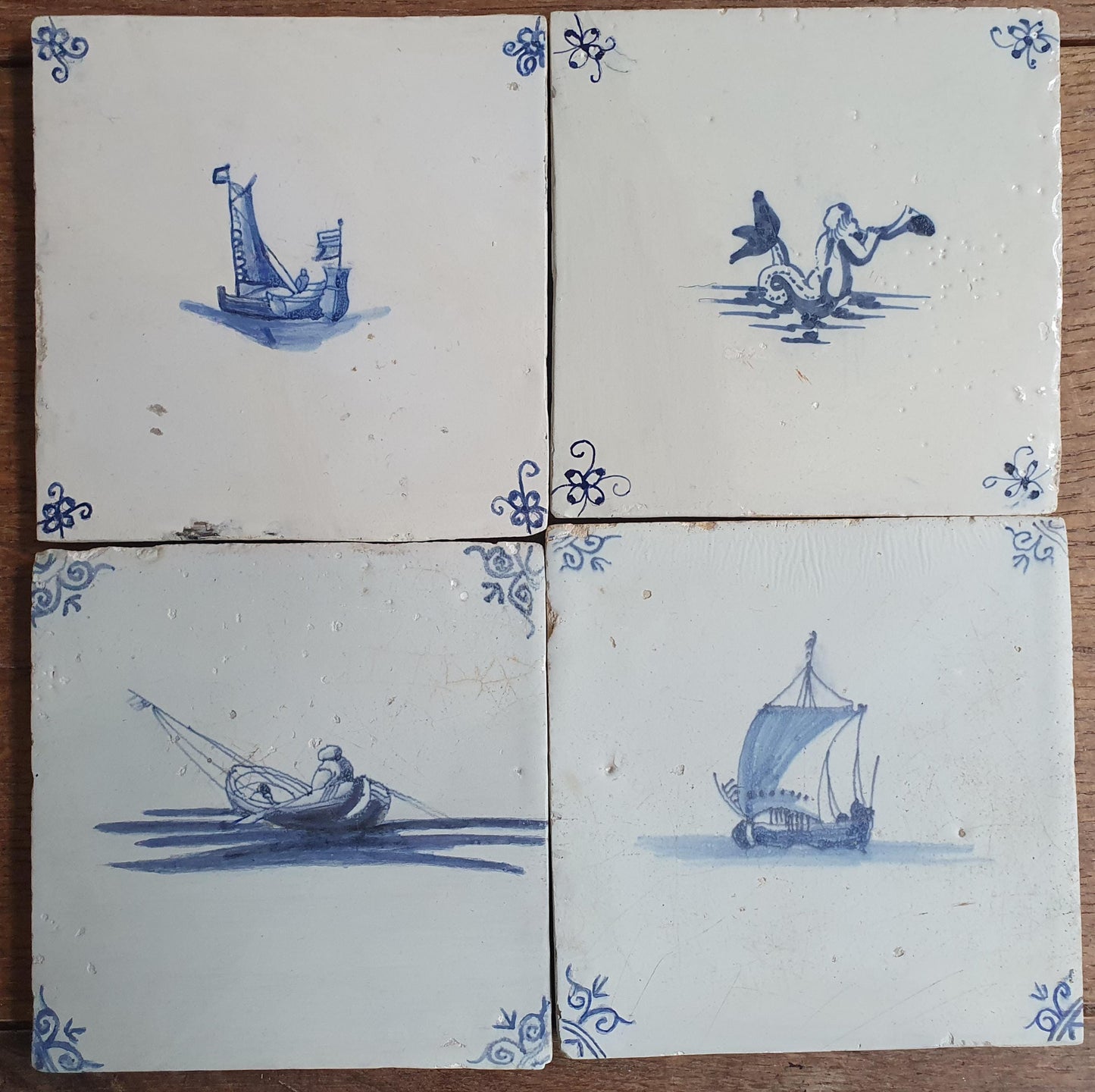 Antique Delft Tiles, 17th Century Dutch Mermaid & Ship Panel, Restored