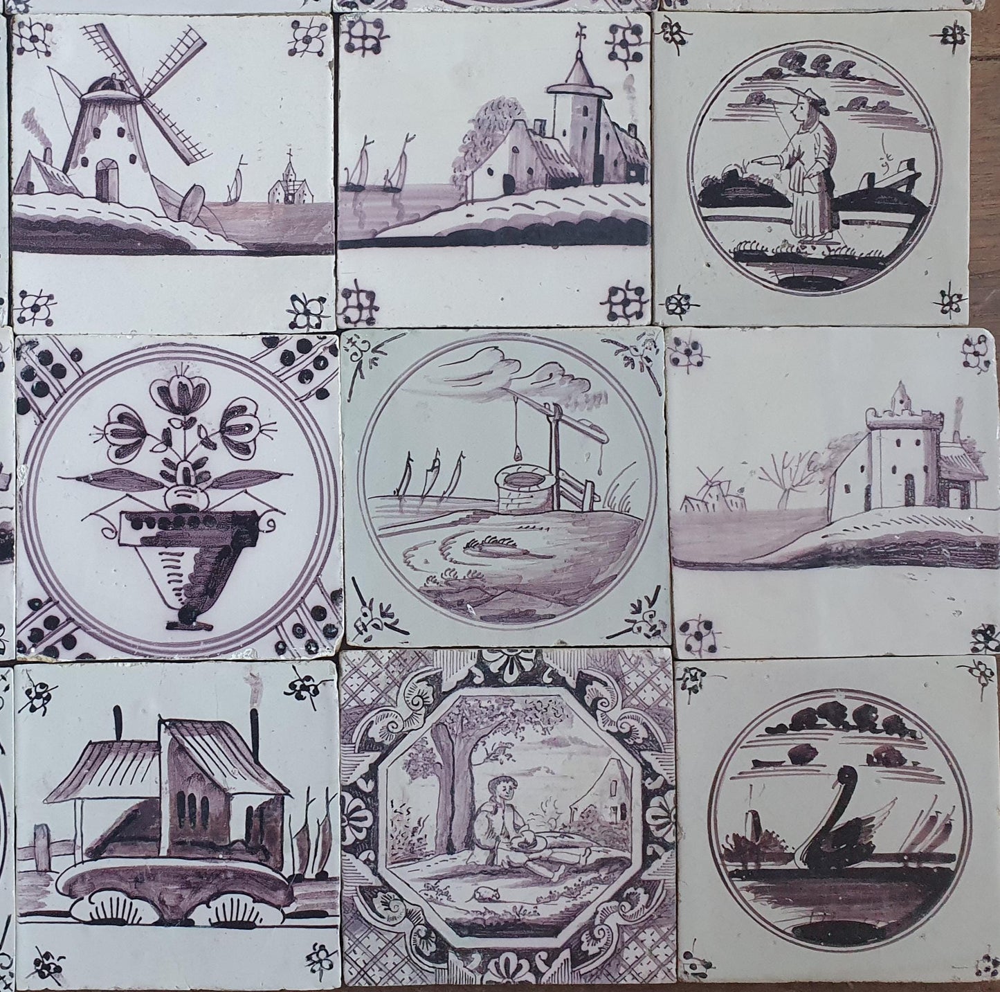 Antique Delft Tiles, 18th/19th Century Dutch Landscapes, Set of 36