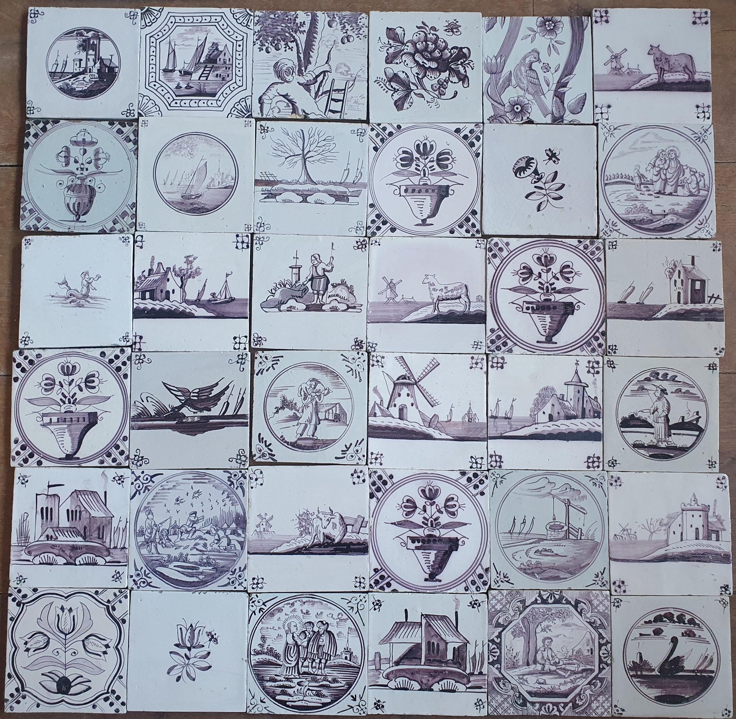 Antique Delft Tiles, 18th/19th Century Dutch Landscapes, Set of 36