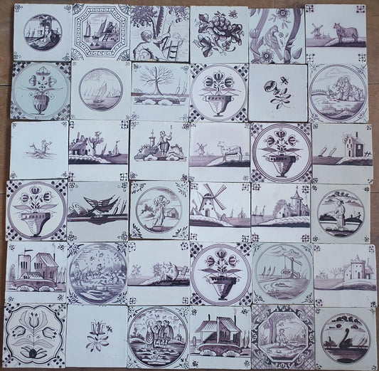 Antique Delft Tiles, 18th/19th Century Dutch Landscapes, Set of 36