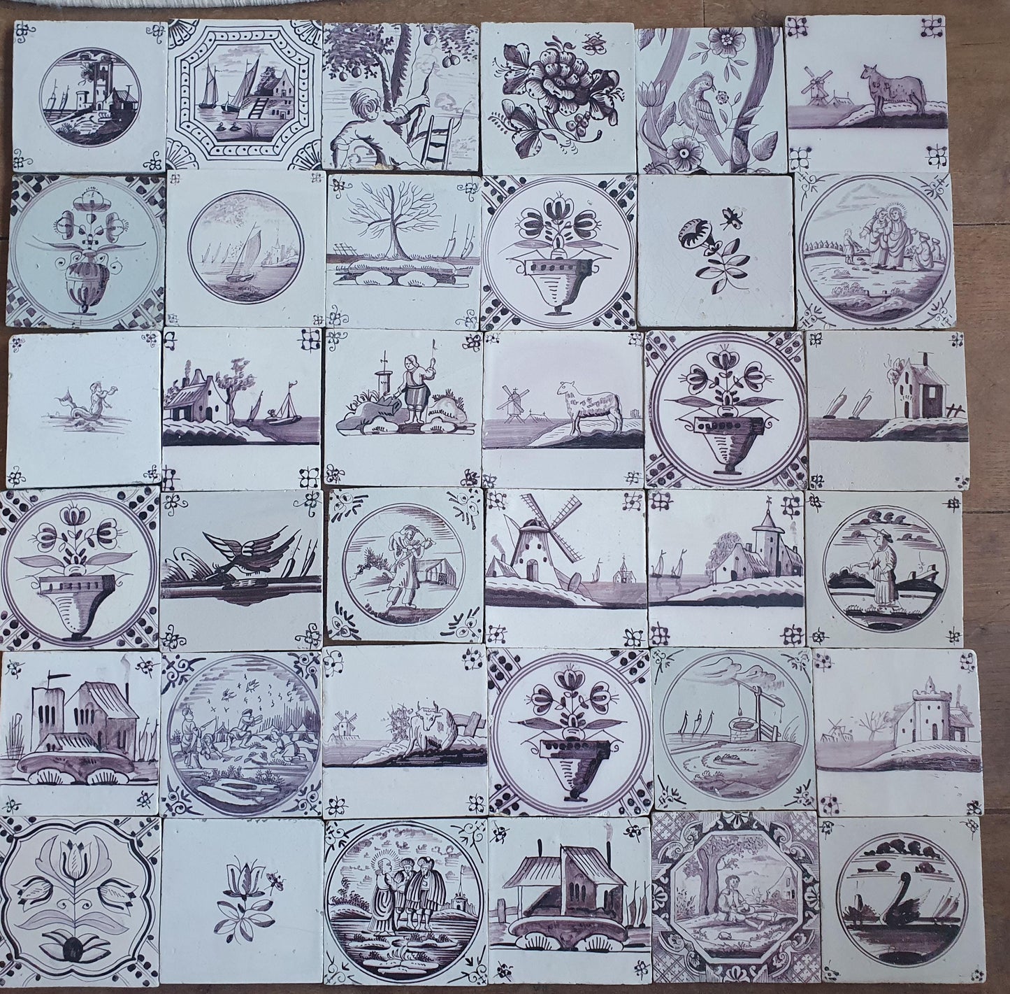 Antique Delft Tiles, 18th/19th Century Dutch Landscapes, Set of 36
