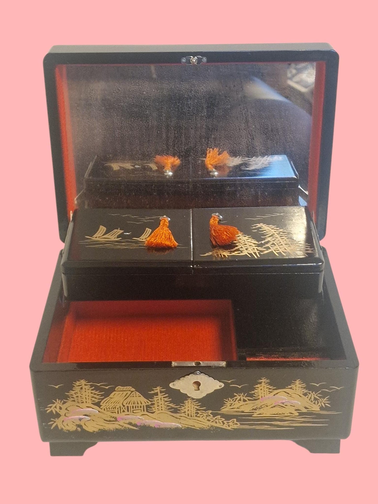 Vintage Handpainted Lacquer Jewelry Box, Asian Scene, Plays Tchaikovsky's Swan Lake