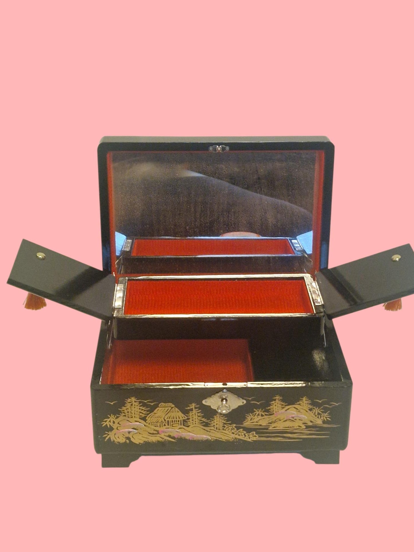 Vintage Handpainted Lacquer Jewelry Box, Asian Scene, Plays Tchaikovsky's Swan Lake