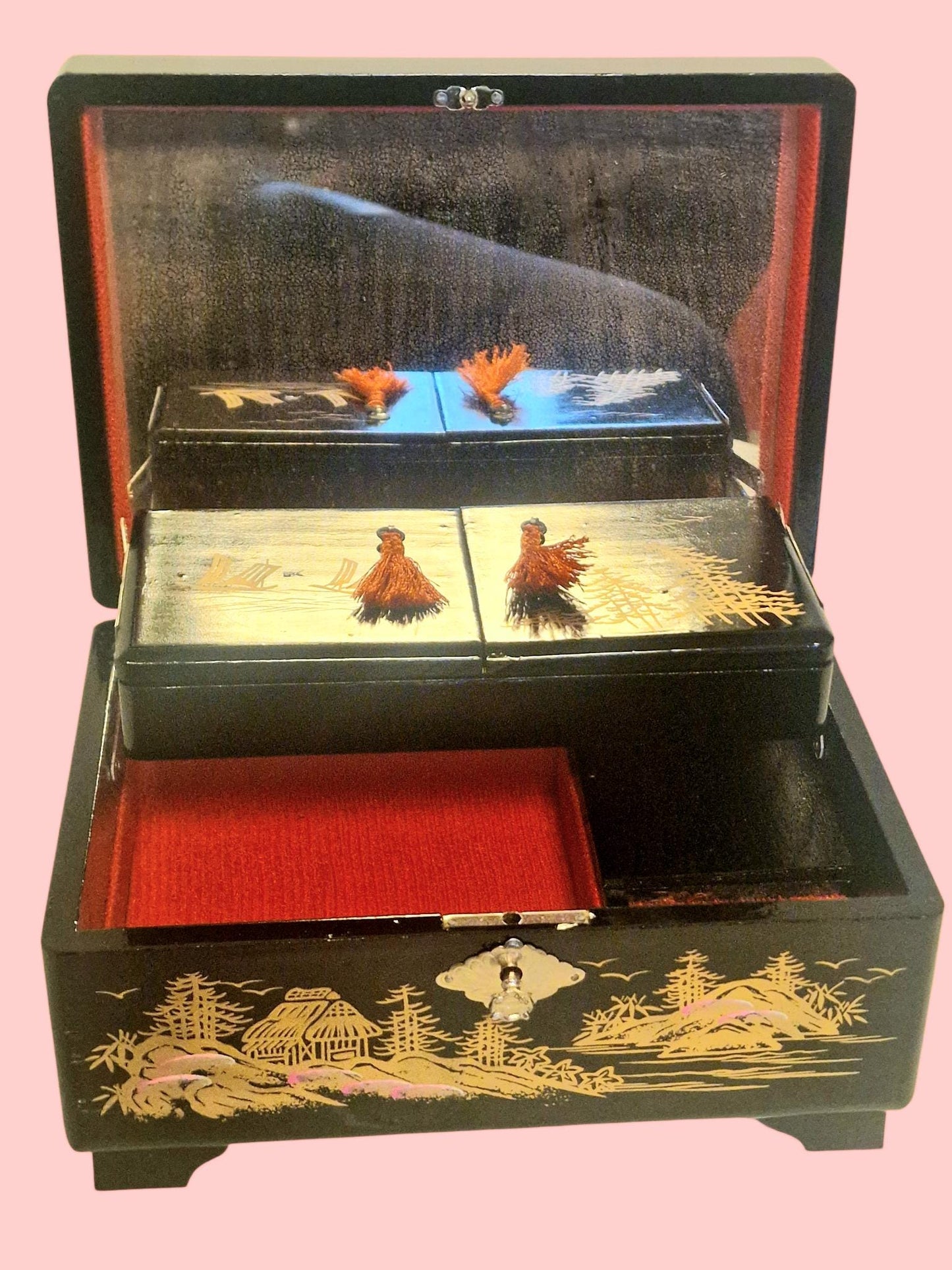 Vintage Handpainted Lacquer Jewelry Box, Asian Scene, Plays Tchaikovsky's Swan Lake