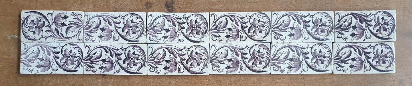 Antique Delft edge Tiles, 18th Century Dutch Wall Panel, Floral Decor set 13