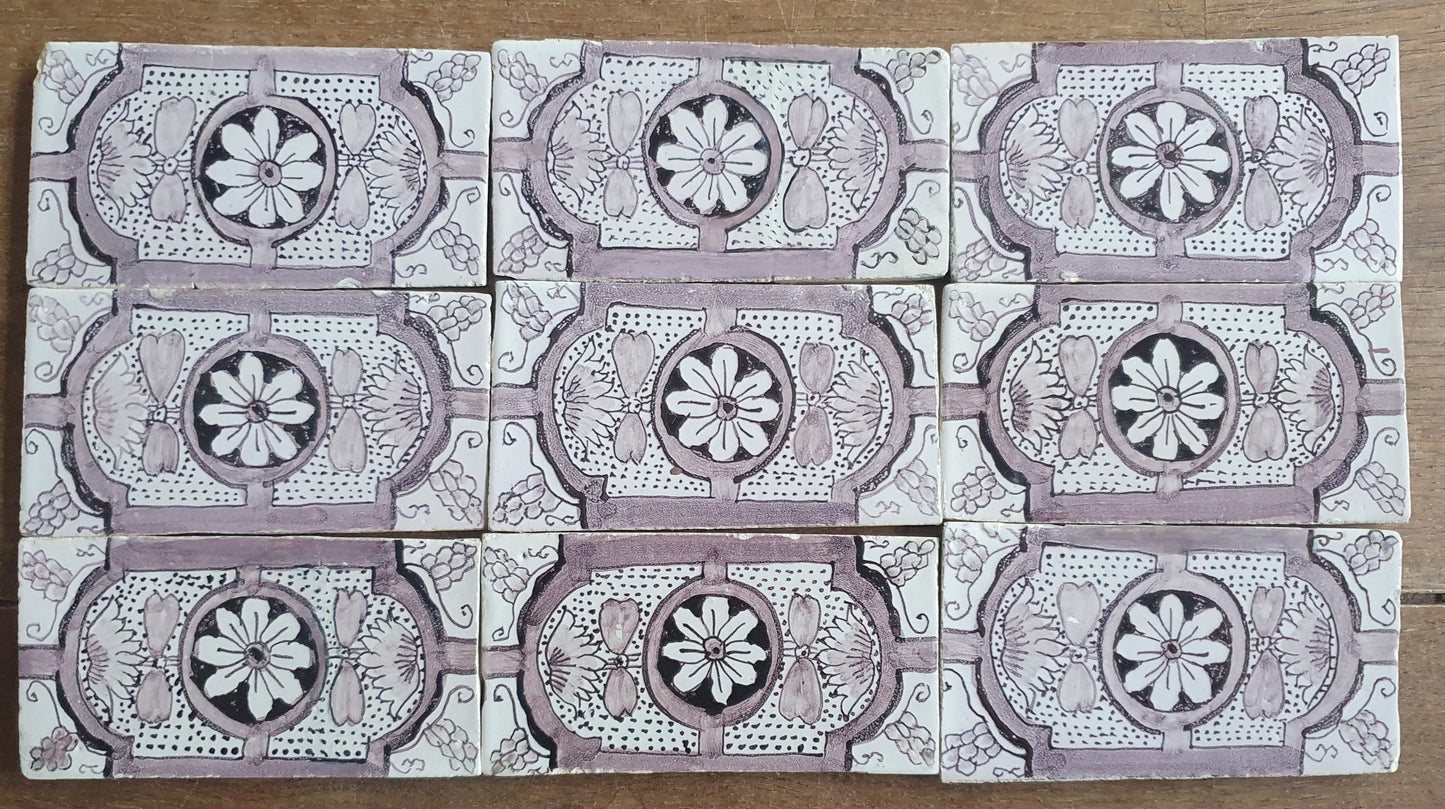 Antique Delft edge Tiles, 18th Century Dutch Wall Panel, Floral Decor set 9