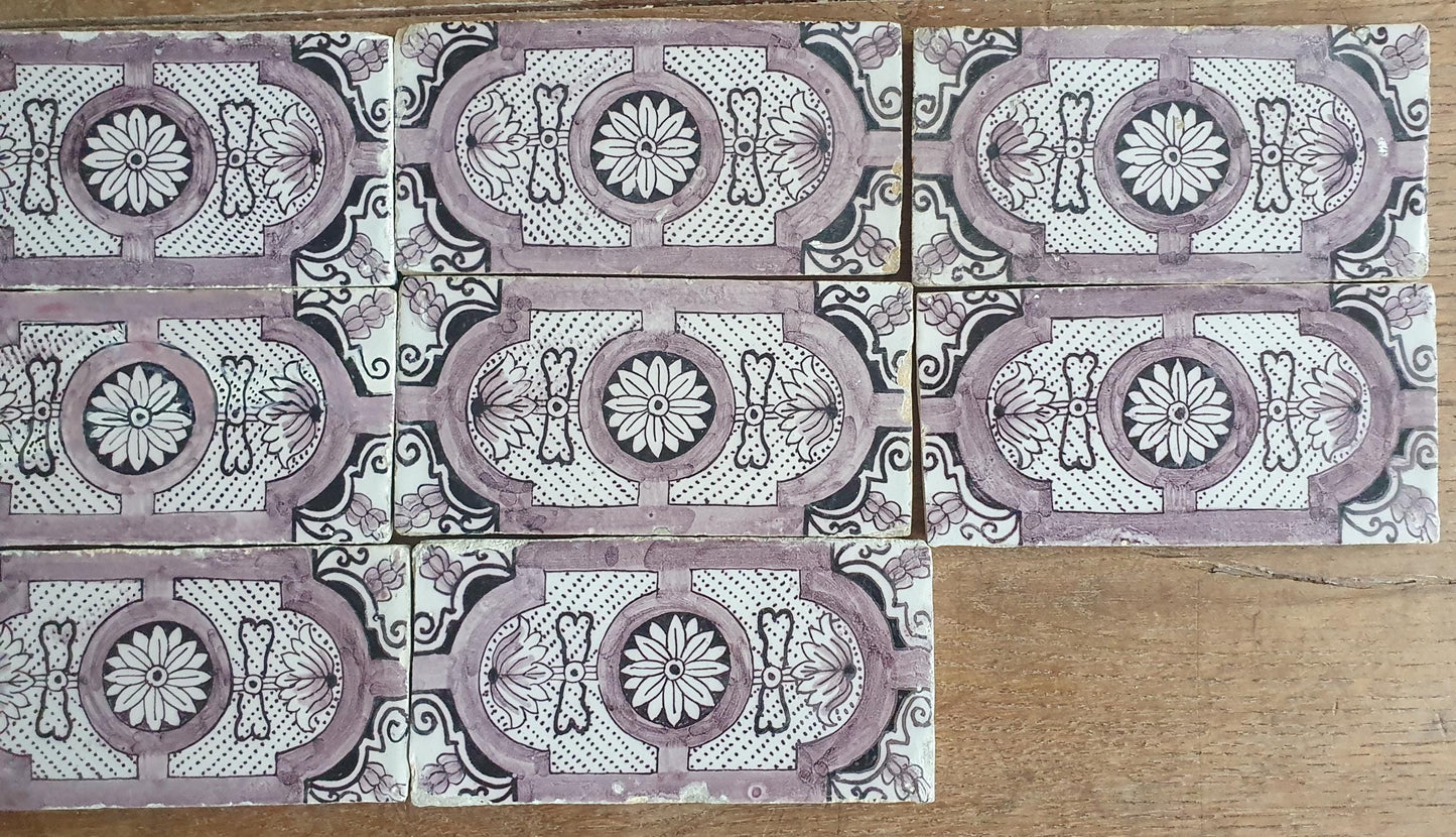 Antique Delft edge Tiles, 18th Century Dutch Wall Panel, Floral Decor set 14