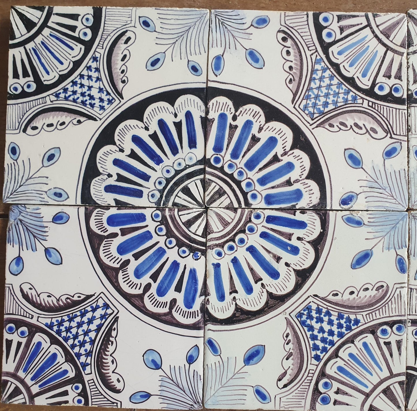 Antique Dutch Delft Tiles, 1850 Ornamental Rozet, Blue Manganese, Set of 8