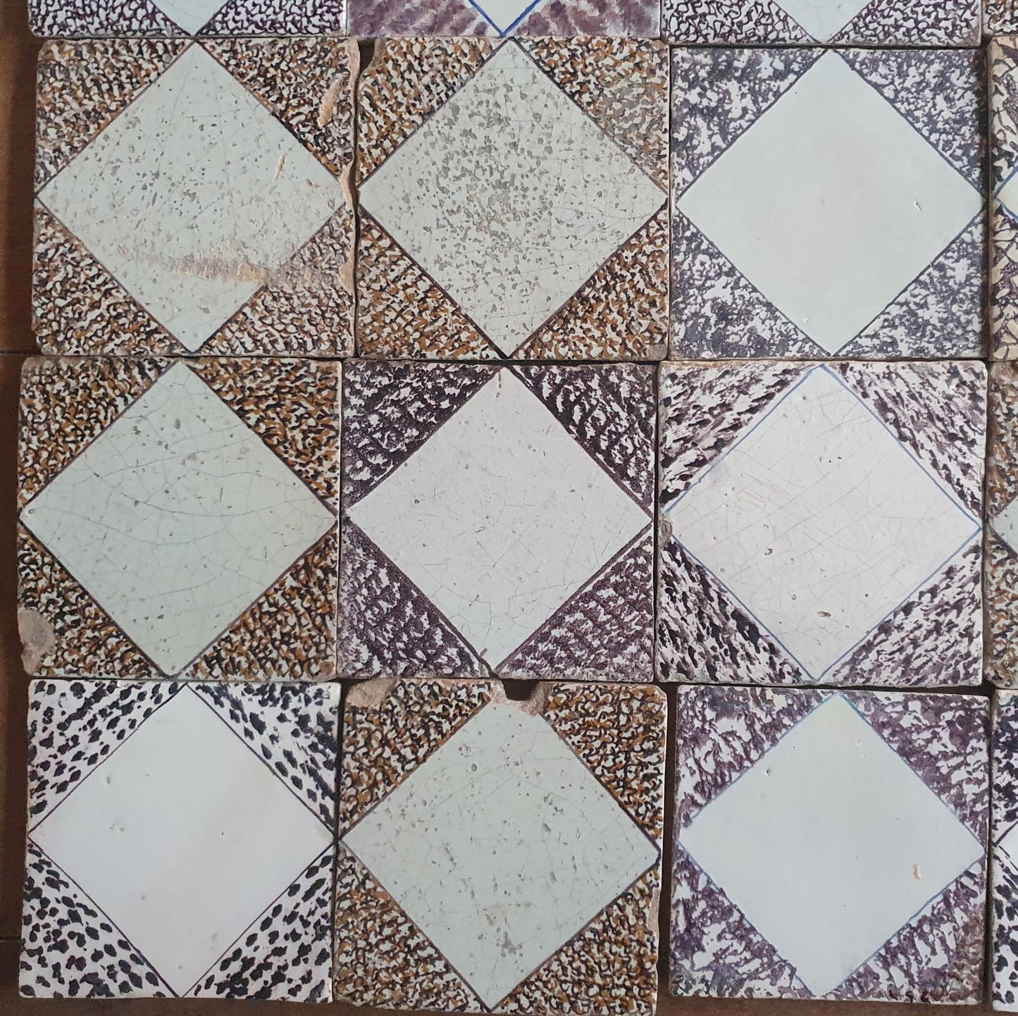 Antique Dutch Delft Tiles, 17th Century Dotted Diamond set of 33