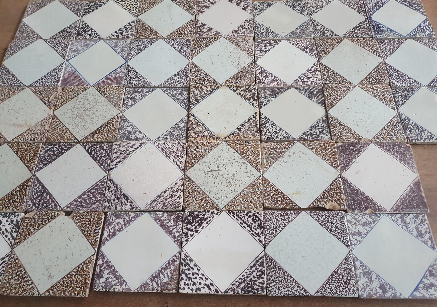 Antique Dutch Delft Tiles, 17th Century Dotted Diamond set of 33