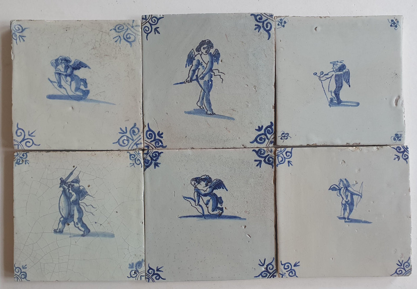 Antique Delft Cupido, 17th Century Dutch Wall Decor, tilepanel Set of 6