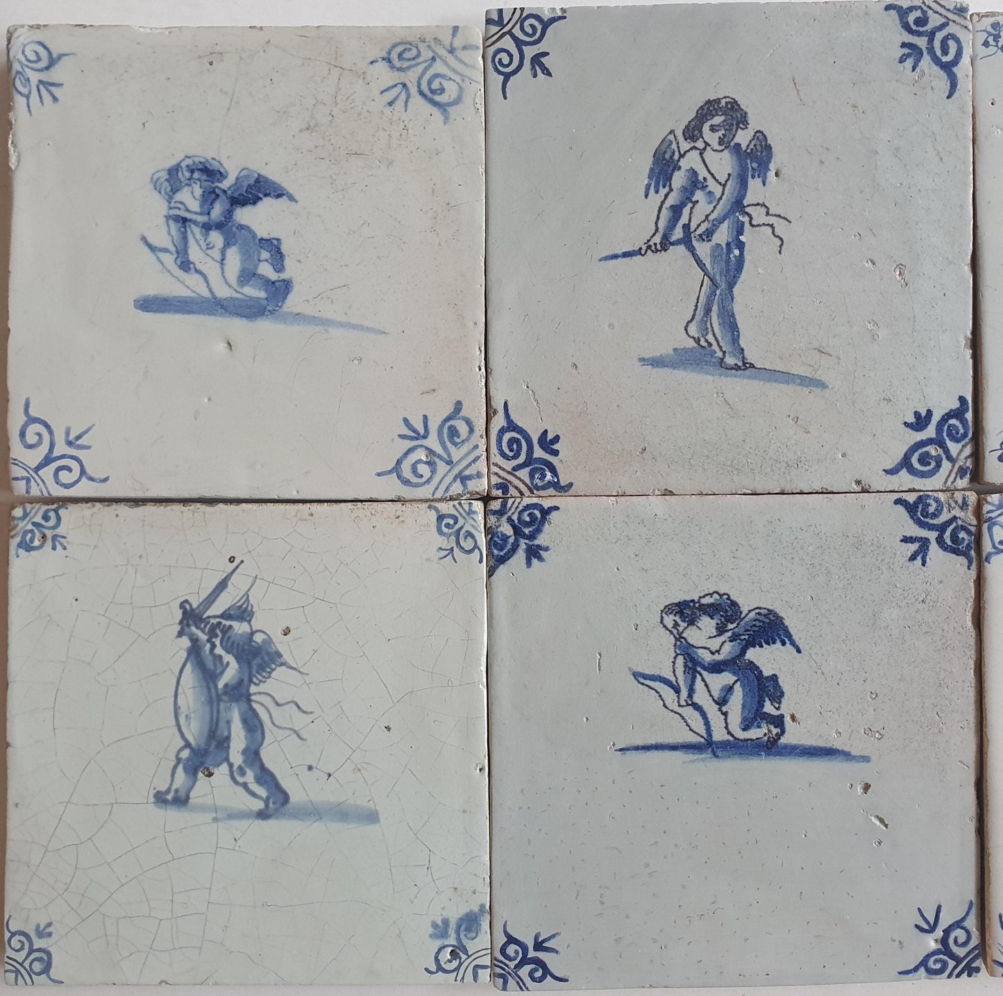 Antique Delft Cupido, 17th Century Dutch Wall Decor, tilepanel Set of 6