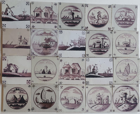 18th/19th  Delft tiles, a landscape of antique tiles of 20