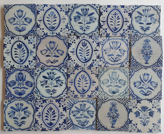 Antique Delft Tulip Tiles, 17th Century Dutch Wall Decor, Set of 20