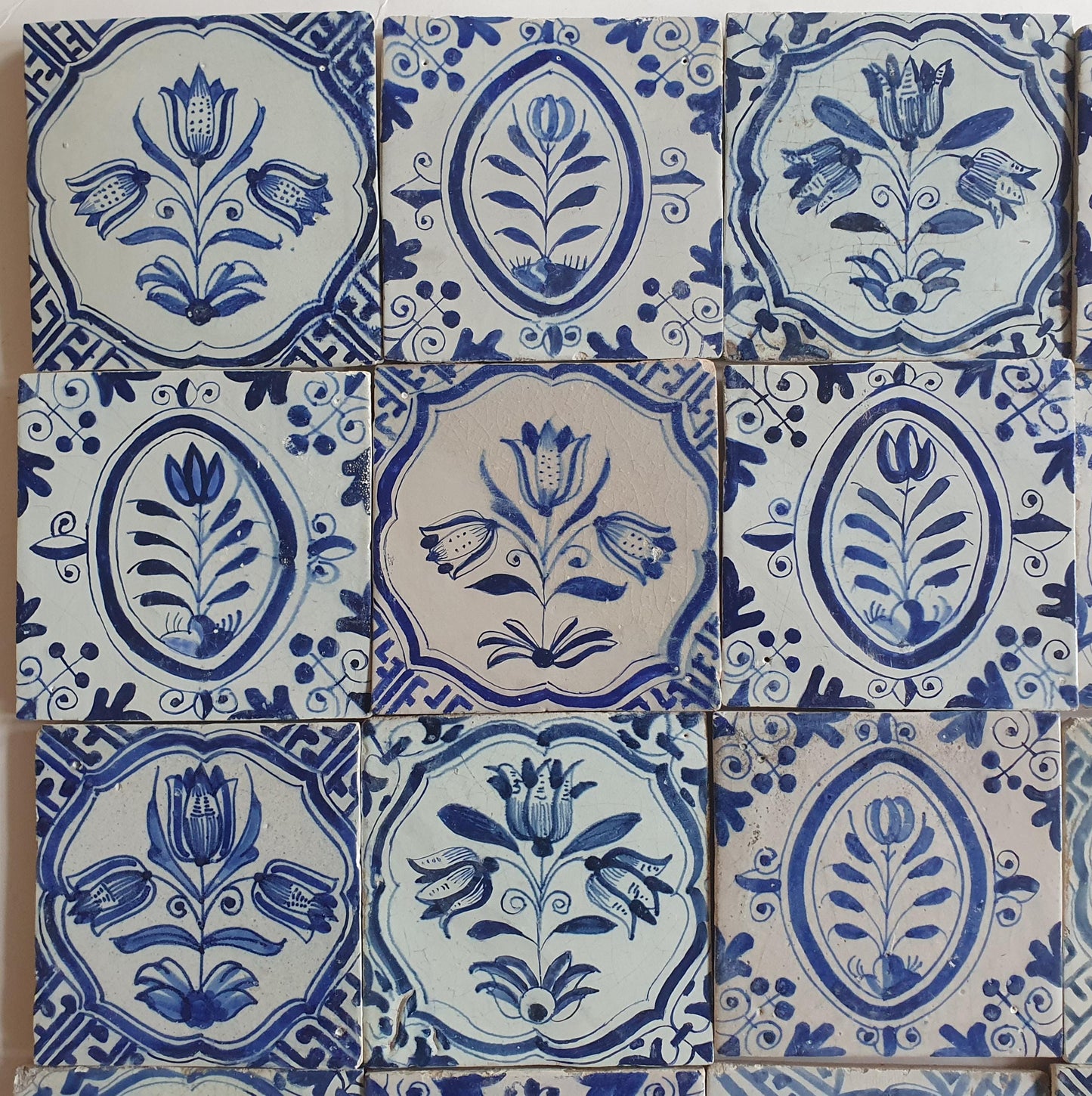 Antique Delft Tulip Tiles, 17th Century Dutch Wall Decor, Set of 20