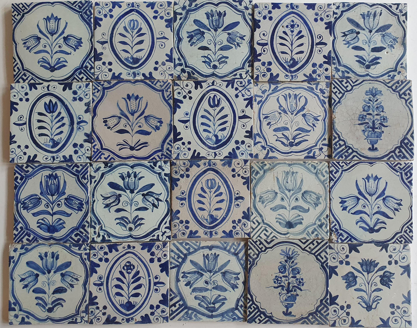 Antique Delft Tulip Tiles, 17th Century Dutch Wall Decor, Set of 20