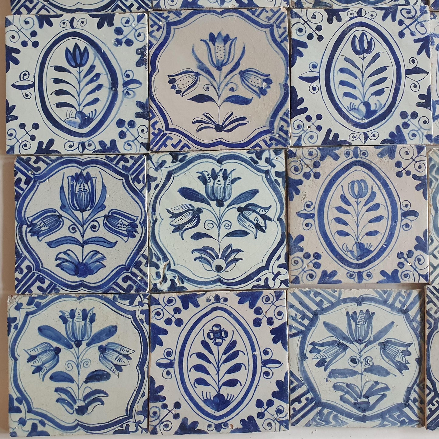 Antique Delft Tulip Tiles, 17th Century Dutch Wall Decor, Set of 20