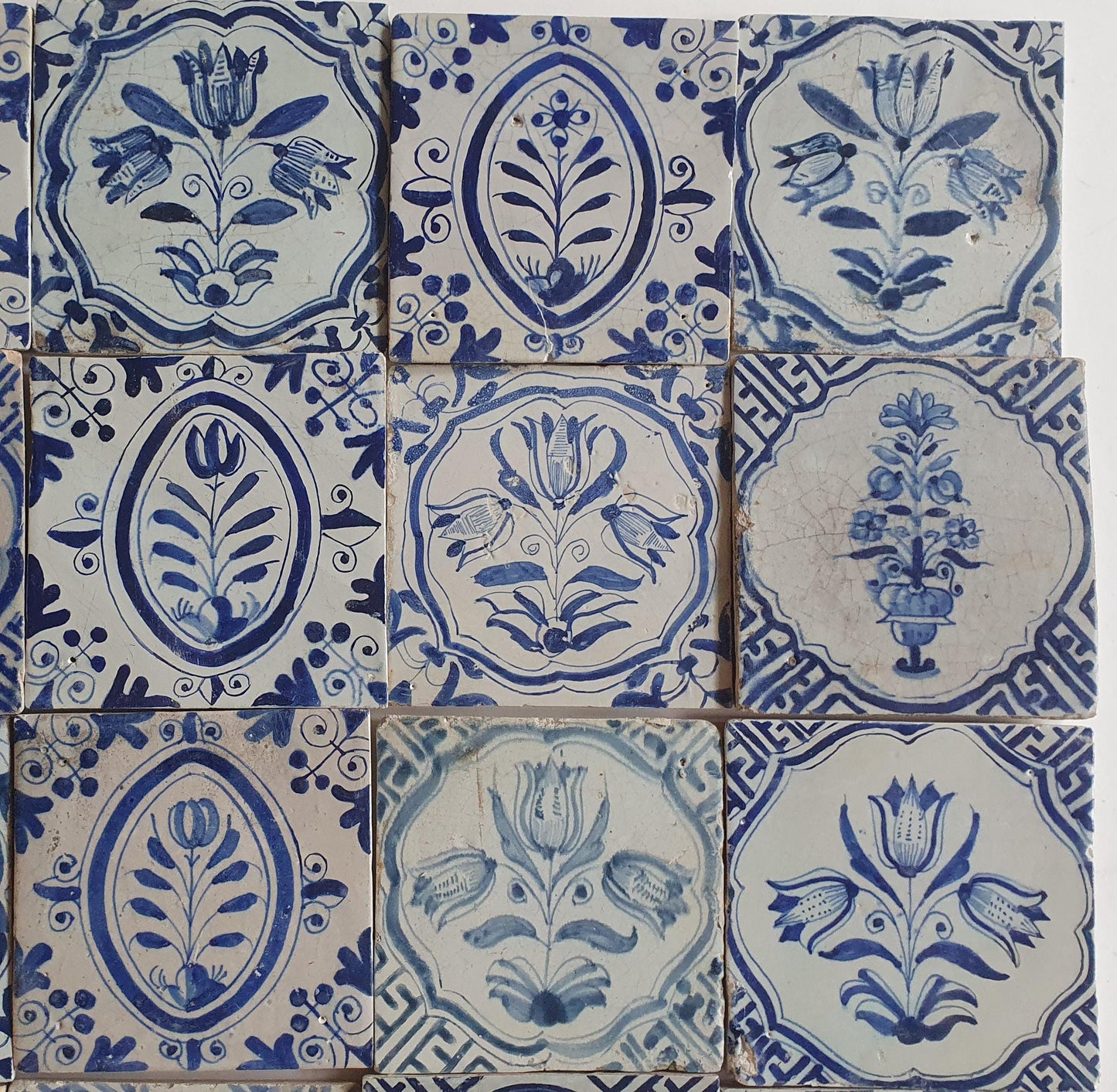 Antique Delft Tulip Tiles, 17th Century Dutch Wall Decor, Set of 20