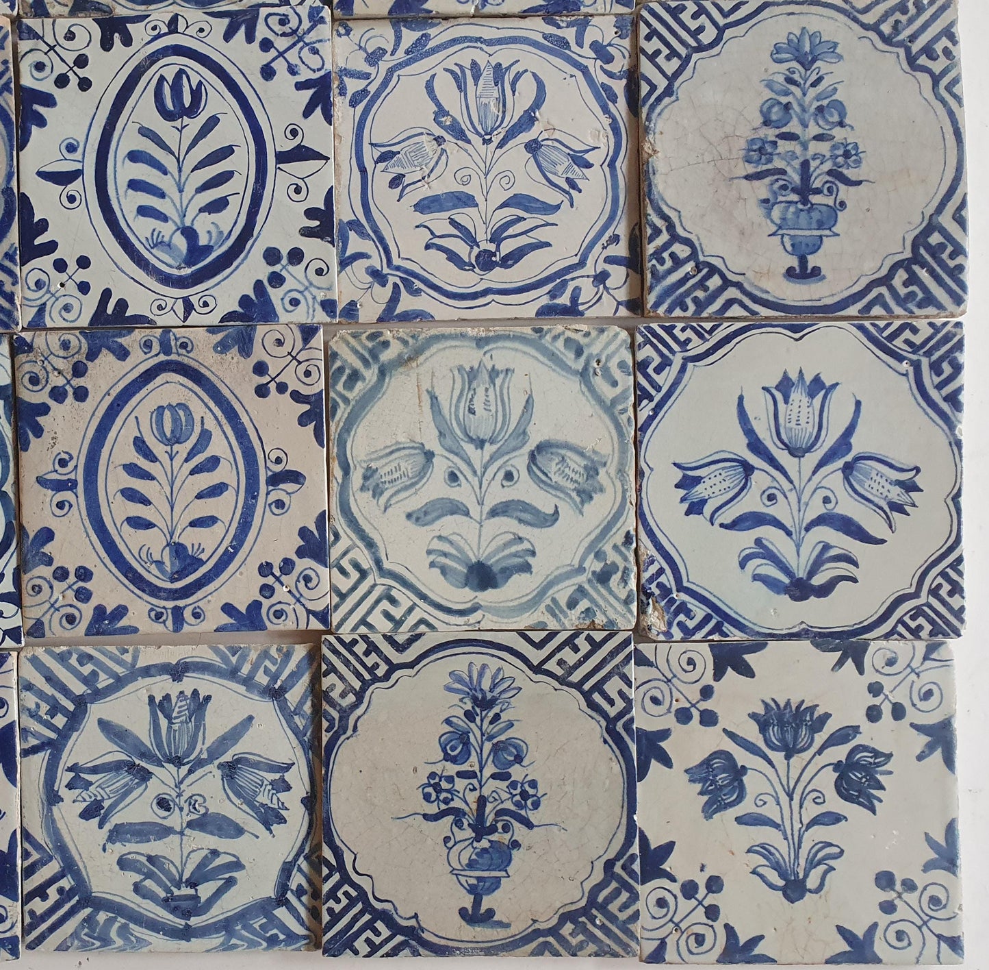Antique Delft Tulip Tiles, 17th Century Dutch Wall Decor, Set of 20