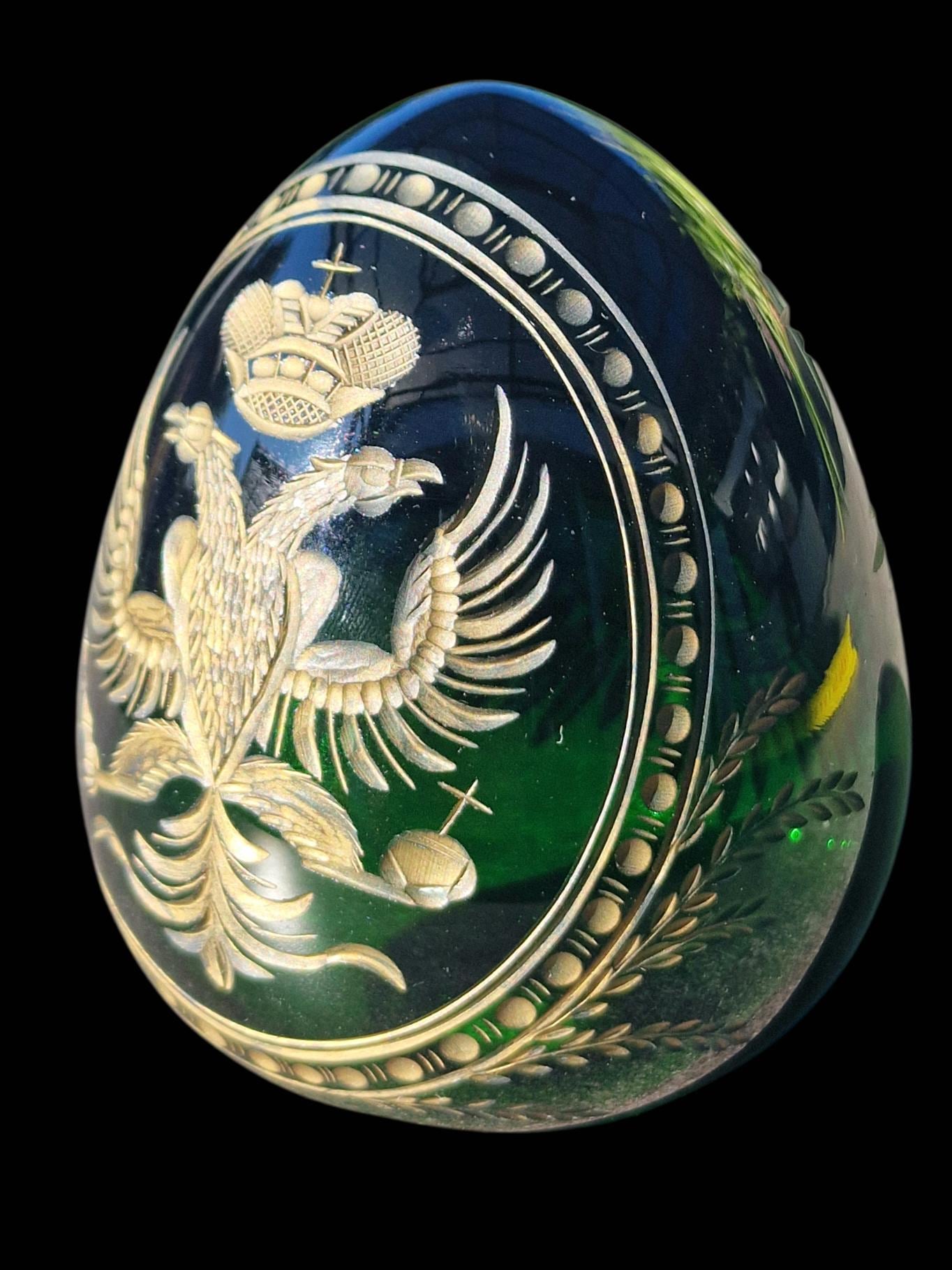 Fabergé Emerald Crystal Egg, Double Eagle Gilded Symbol, Etched Lead Crystal (Collector Item)