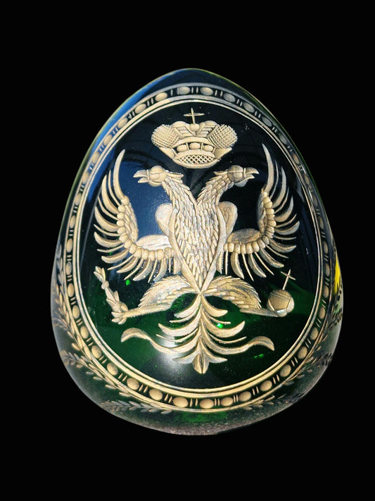 Fabergé Emerald Crystal Egg, Double Eagle Gilded Symbol, Etched Lead Crystal (Collector Item)