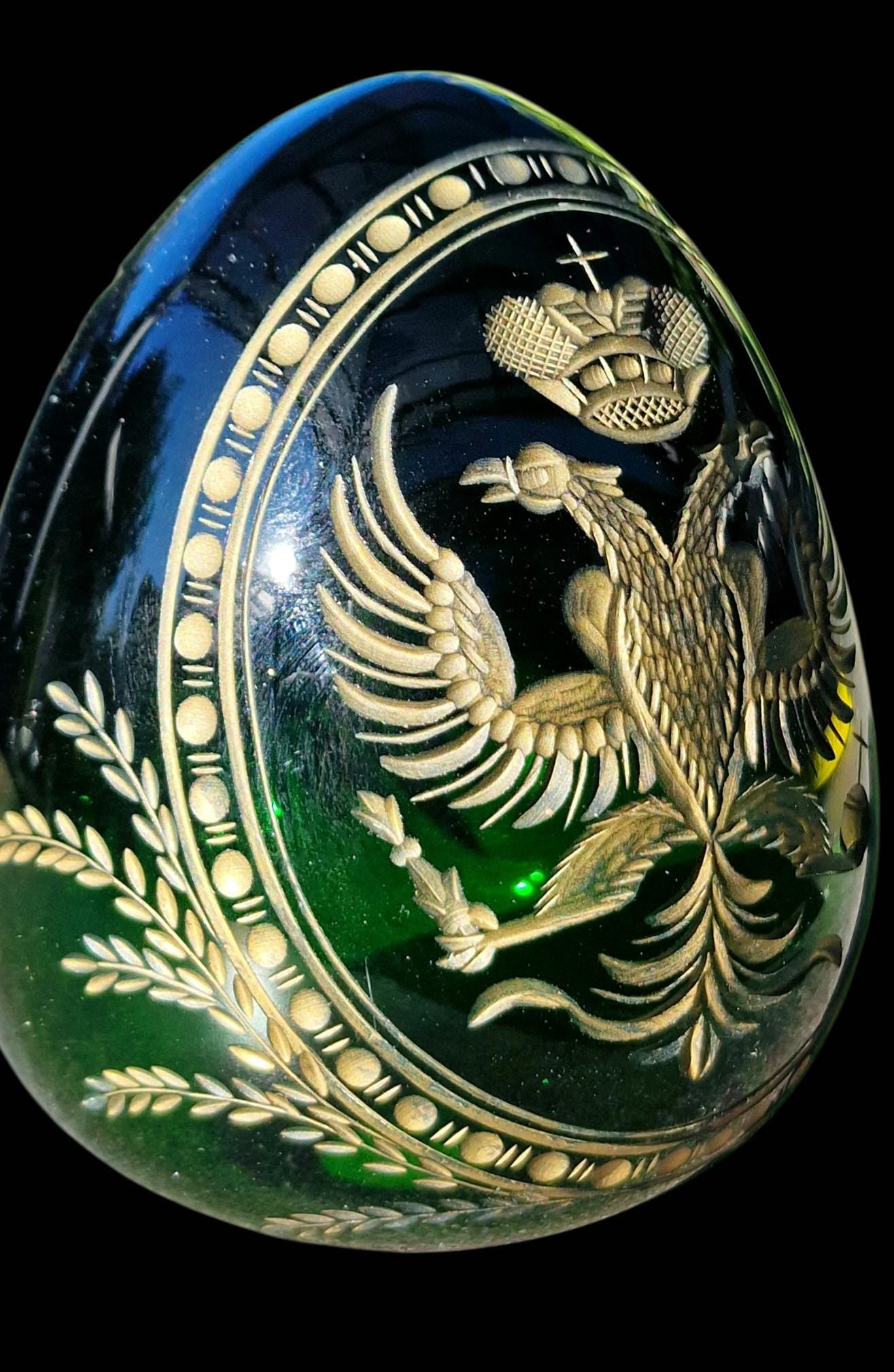 Fabergé Emerald Crystal Egg, Double Eagle Gilded Symbol, Etched Lead Crystal (Collector Item)