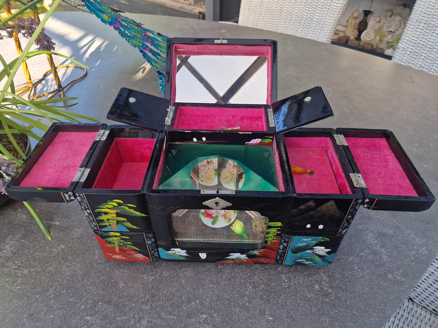 XXL Vintage Lacquered Musical Jewelry Box, 3D Cabinet Ballerina, Key Included chinese japanese