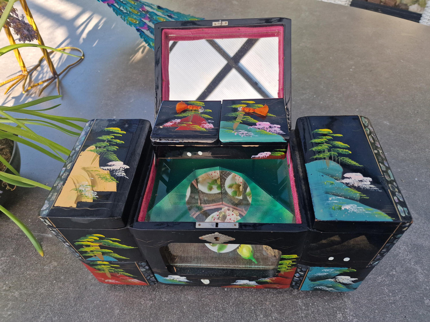 XXL Vintage Lacquered Musical Jewelry Box, 3D Cabinet Ballerina, Key Included chinese japanese