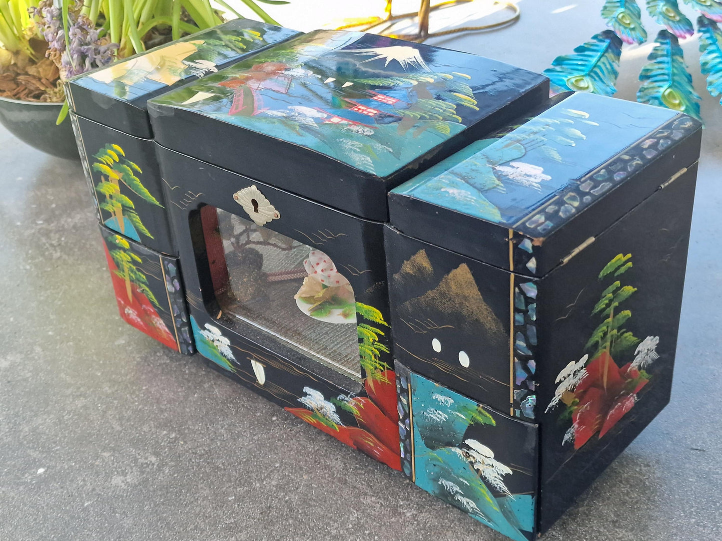 XXL Vintage Lacquered Musical Jewelry Box, 3D Cabinet Ballerina, Key Included chinese japanese