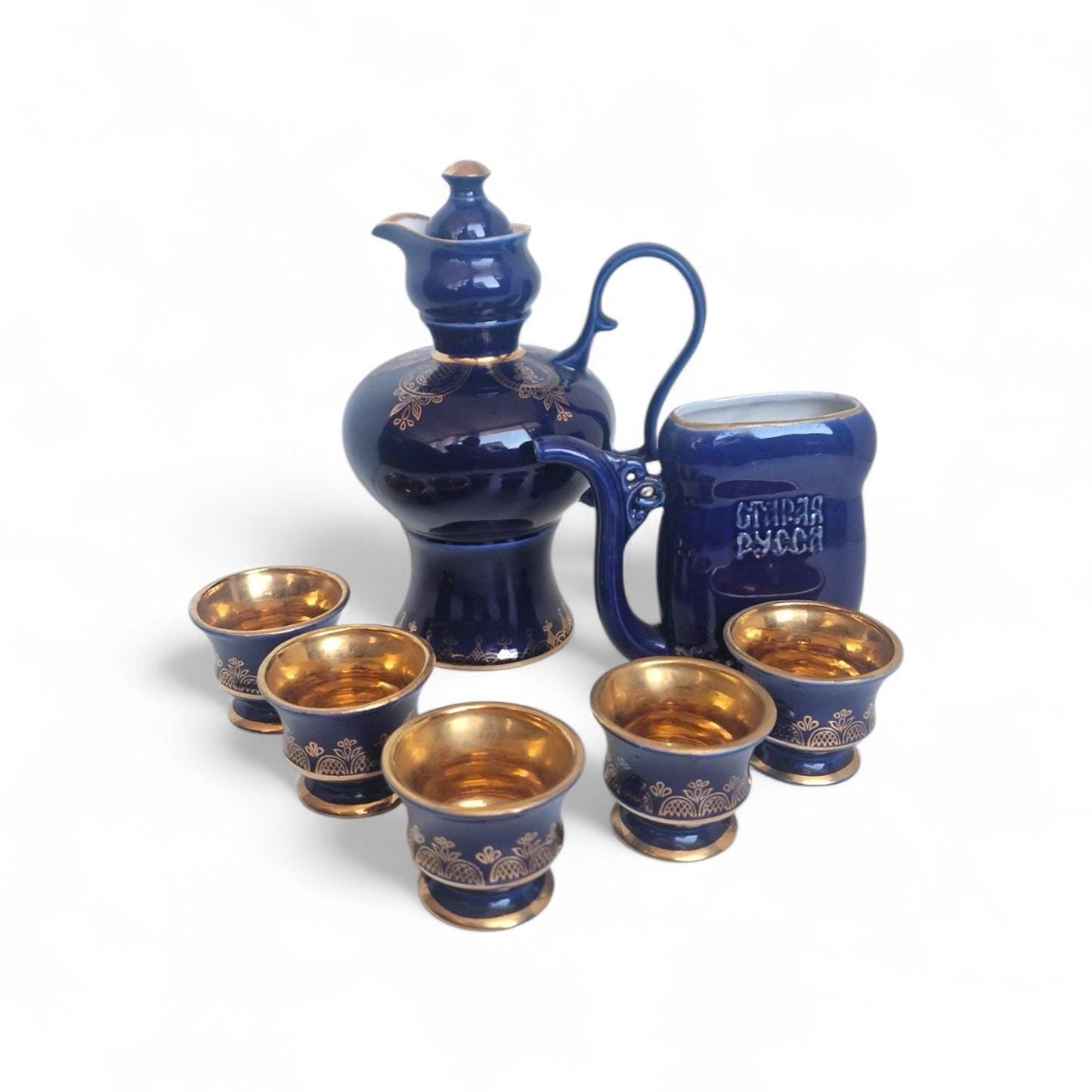 Vintage Soviet cobalt blue ceramic vodka / liqueur server set with goldinterior shot cups – Staraya Russa Russia. Authentic liquer serving
