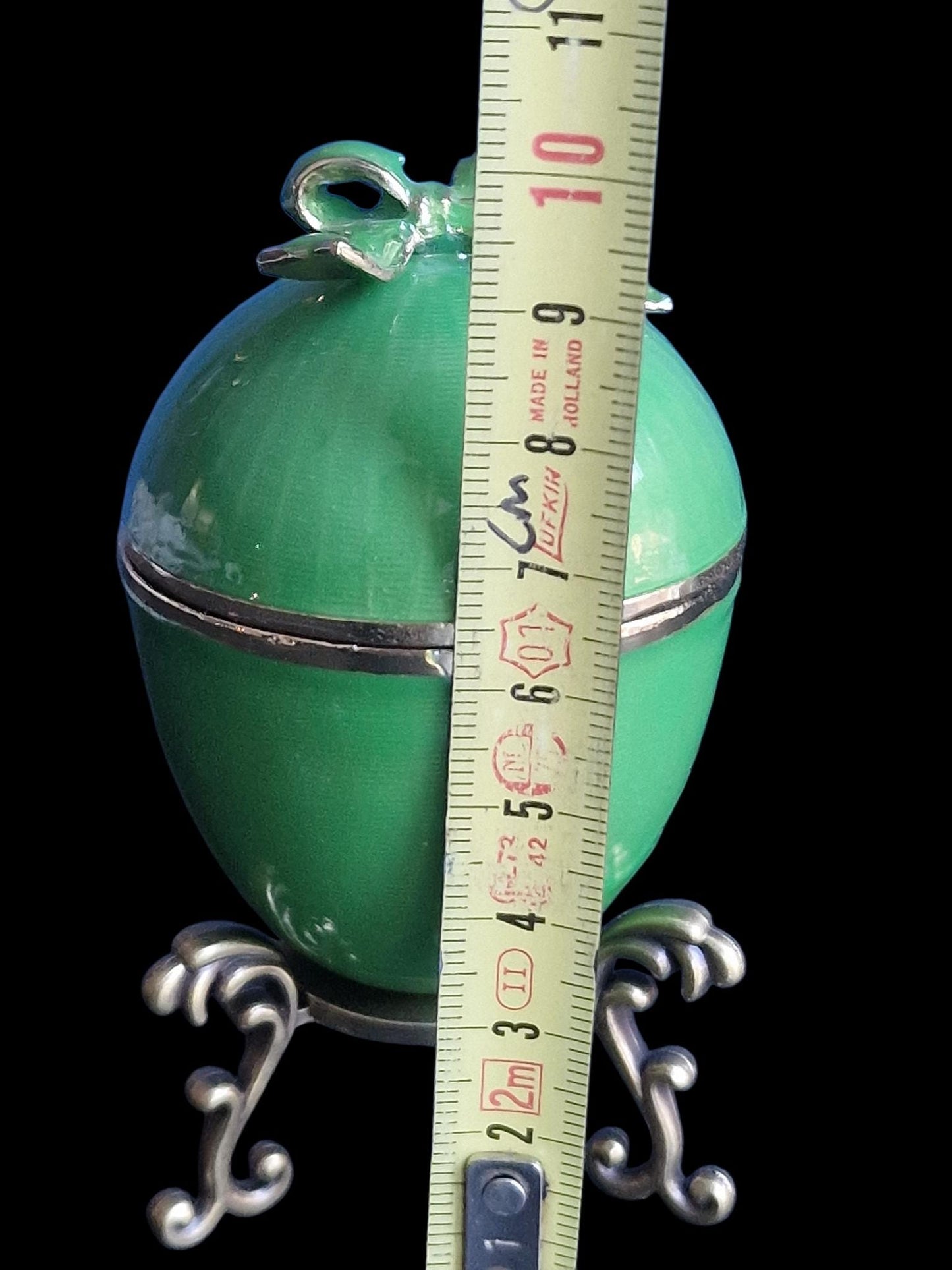 Guilloche Egg old vintage emerald green Trinket Box on stand. Inside ornament
