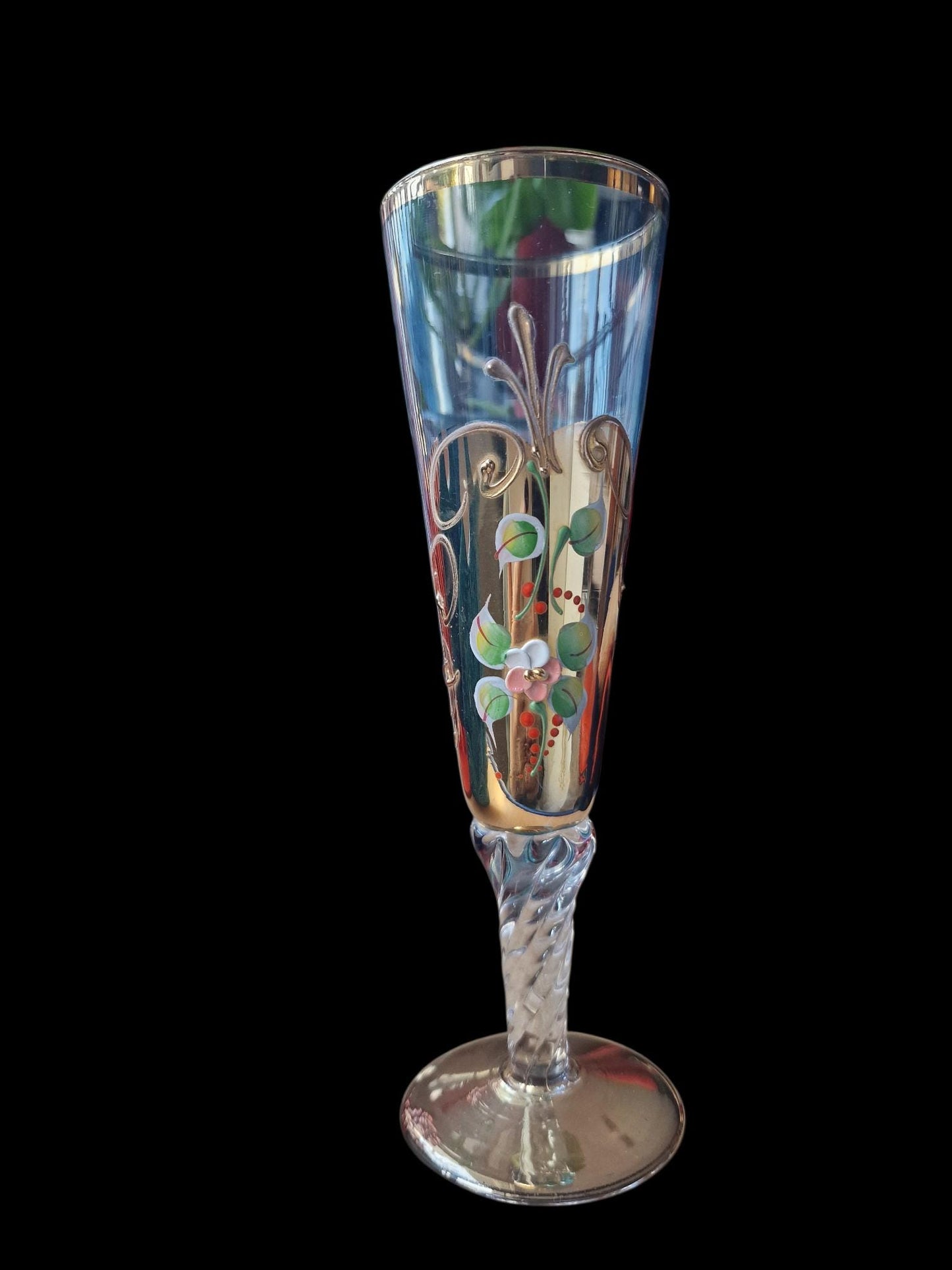 Set of 6 Engraved Crystal Champagne Flutes, Gilded Murano Swirl Glass