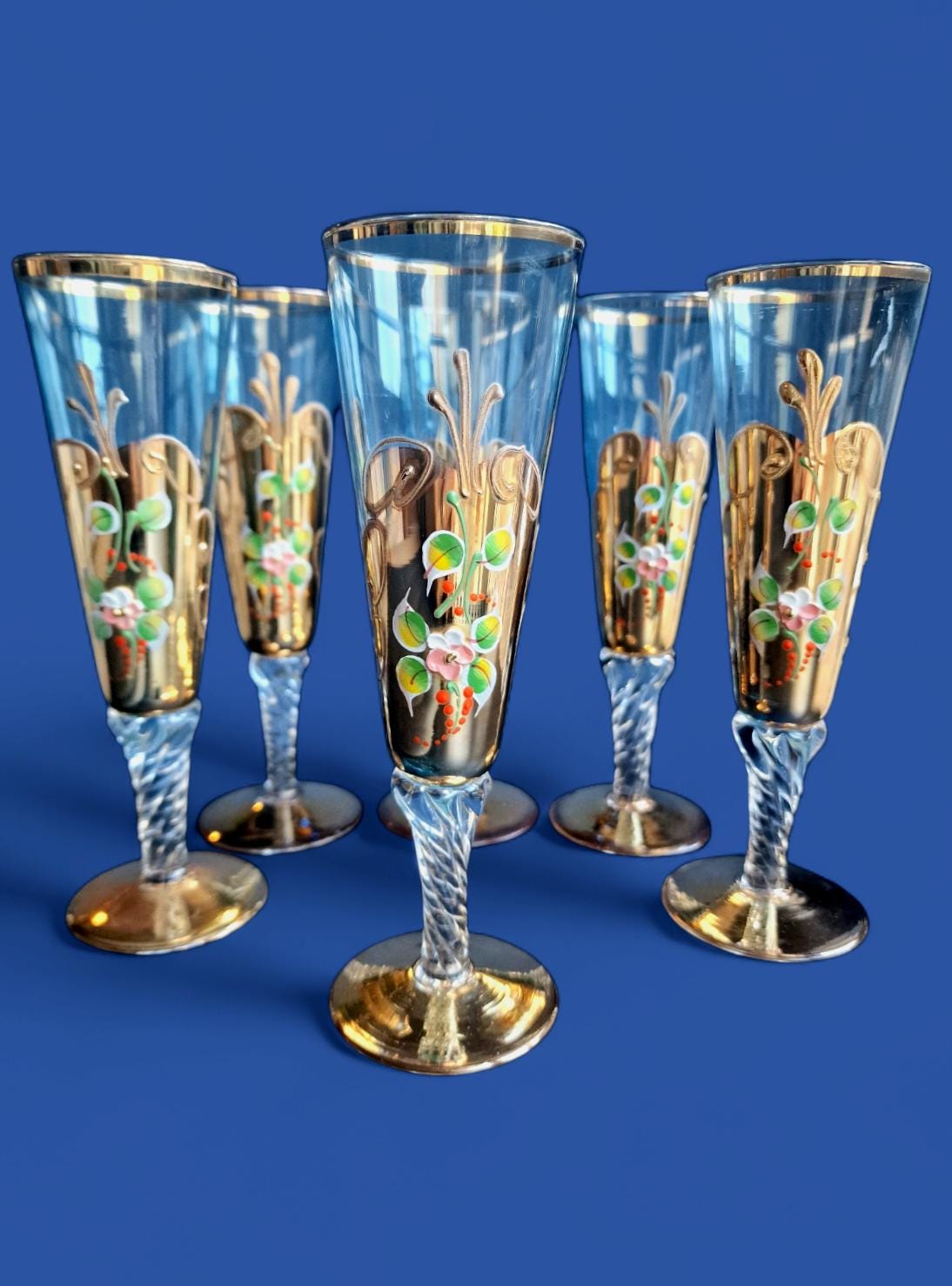 Set of 6 Engraved Crystal Champagne Flutes, Gilded Murano Swirl Glass