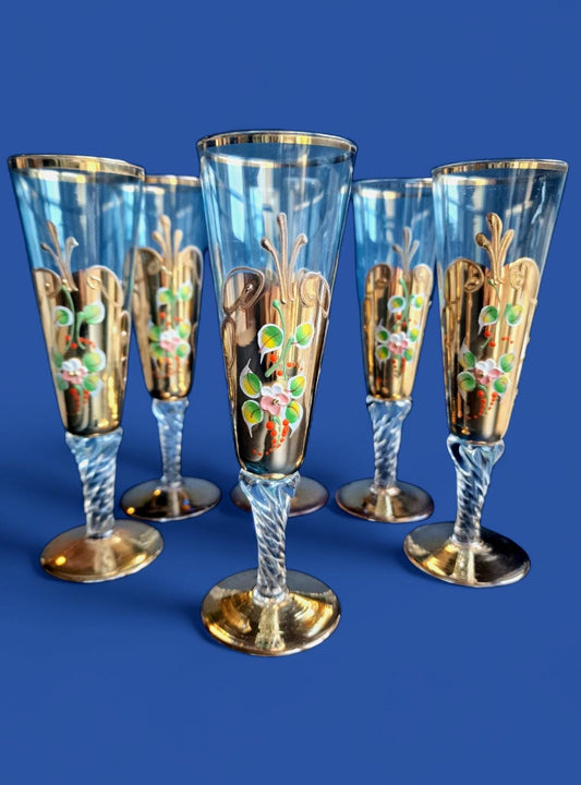 Set of 6 Engraved Crystal Champagne Flutes, Gilded Murano Swirl Glass