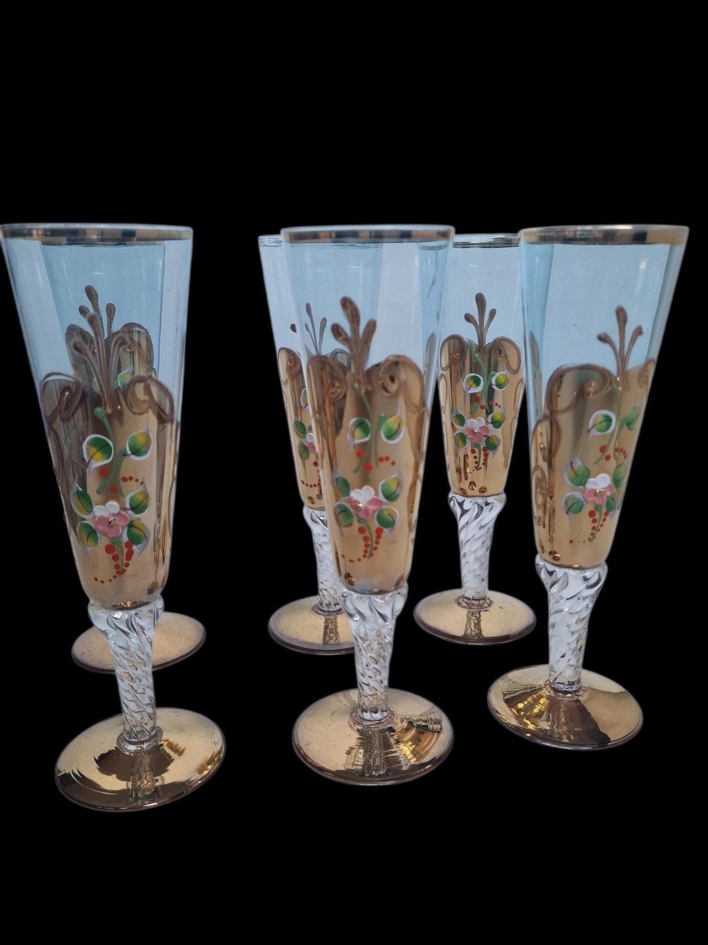 Set of 6 Engraved Crystal Champagne Flutes, Gilded Murano Swirl Glass