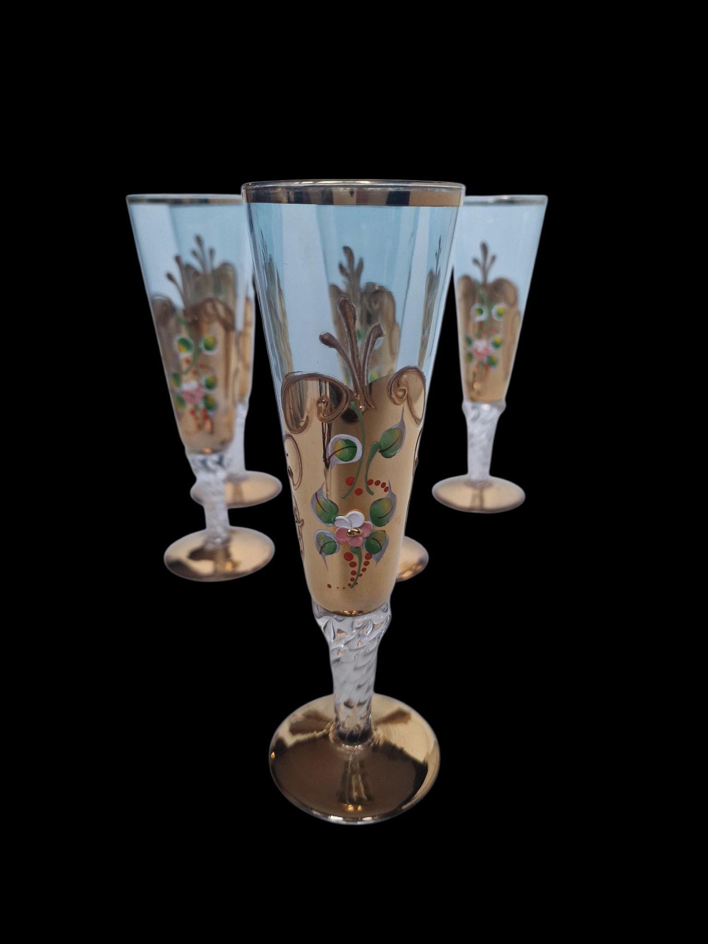 Set of 6 Engraved Crystal Champagne Flutes, Gilded Murano Swirl Glass