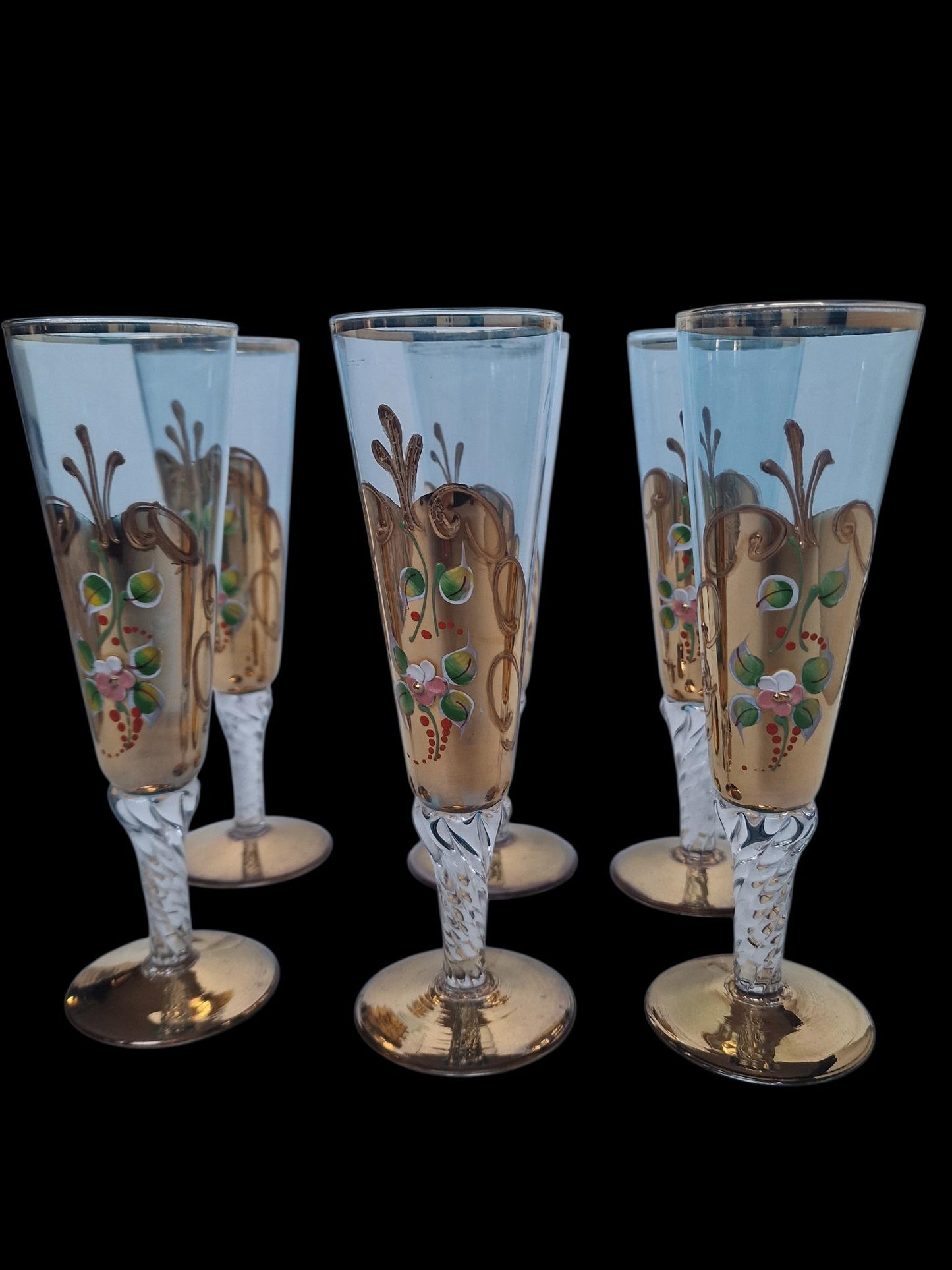 Set of 6 Engraved Crystal Champagne Flutes, Gilded Murano Swirl Glass