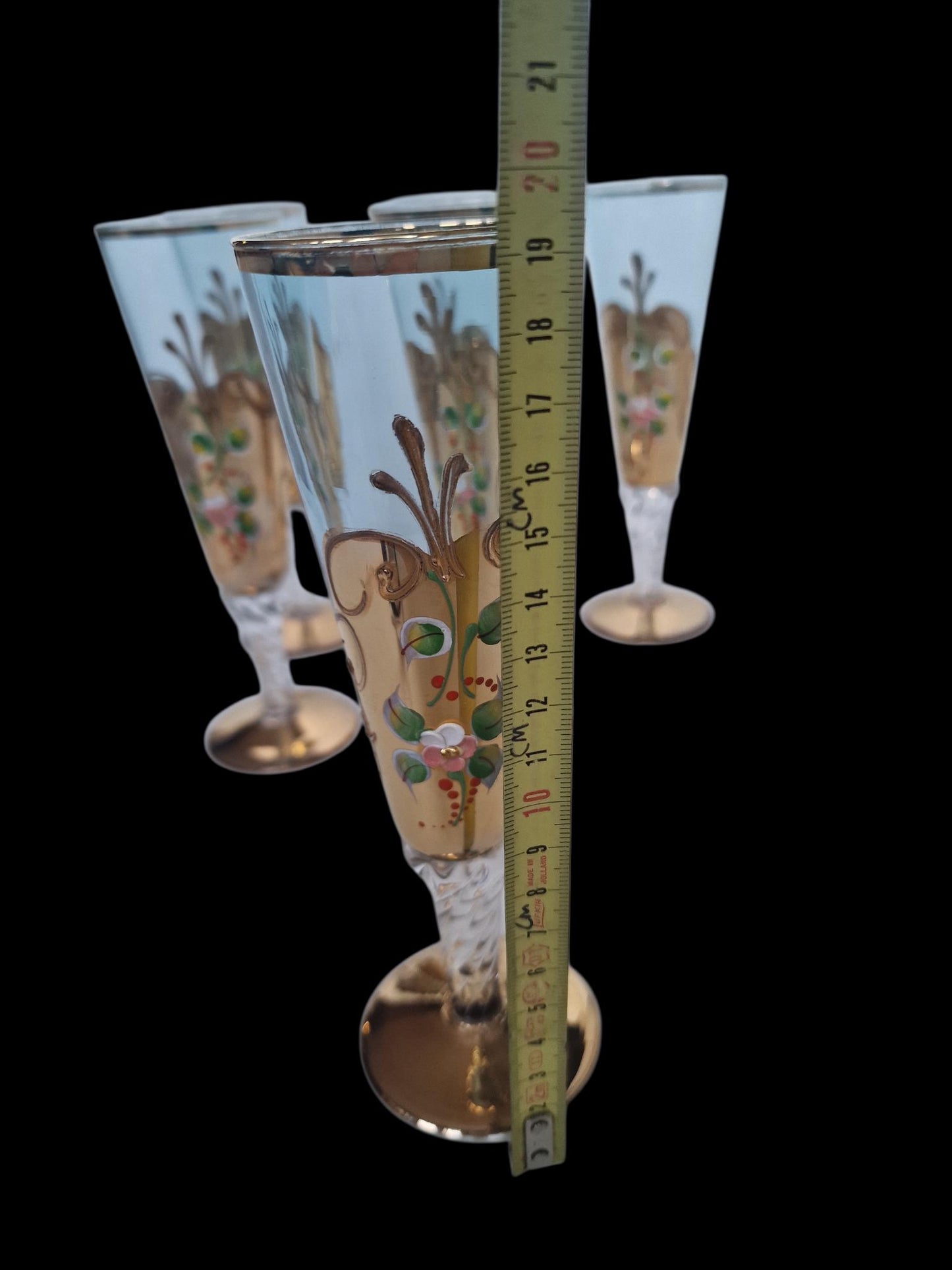 Set of 6 Engraved Crystal Champagne Flutes, Gilded Murano Swirl Glass
