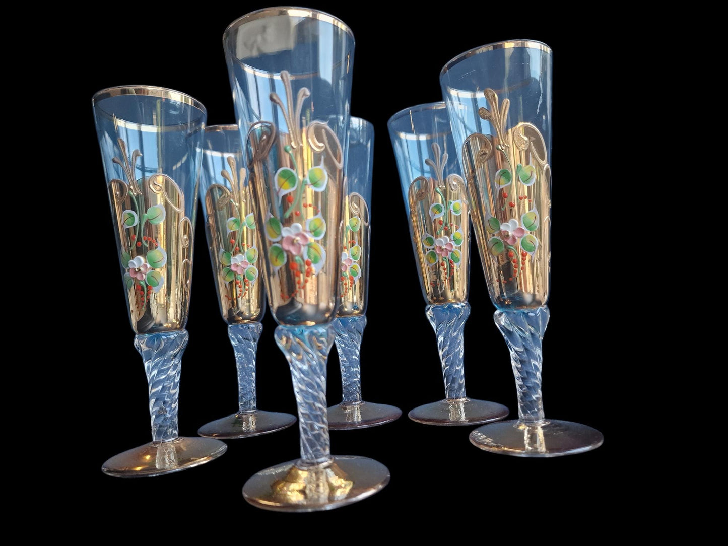 Set of 6 Engraved Crystal Champagne Flutes, Gilded Murano Swirl Glass