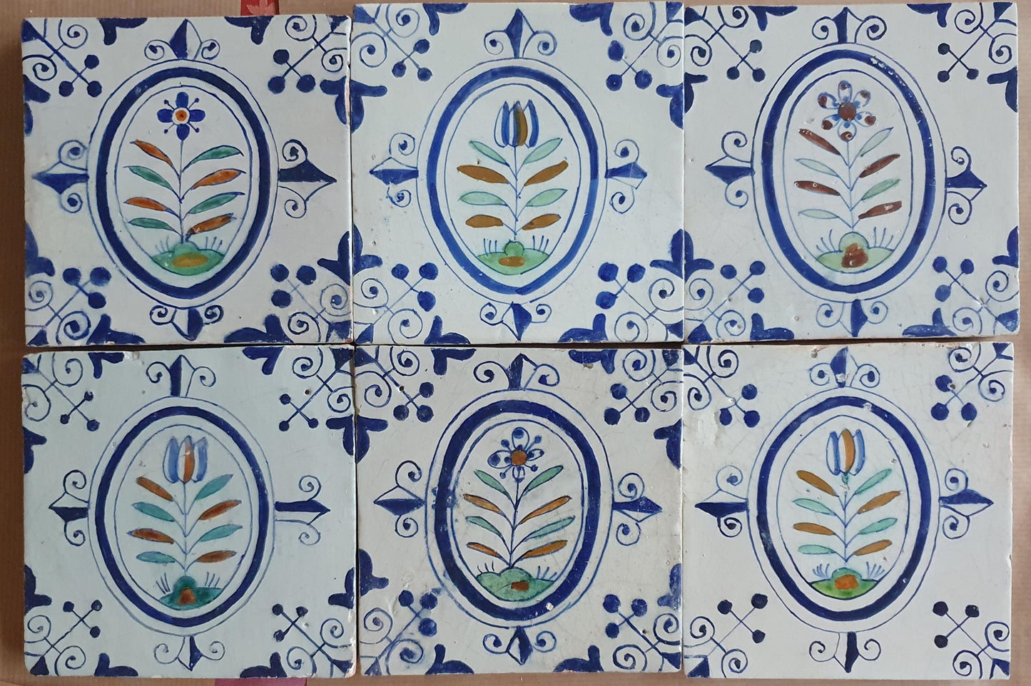 17th  Delft tulip medaillon tiles,  antique tiles with flowers, and Tulips set of 6