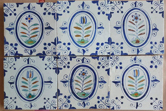 17th  Delft tulip medaillon tiles,  antique tiles with flowers, and Tulips set of 6