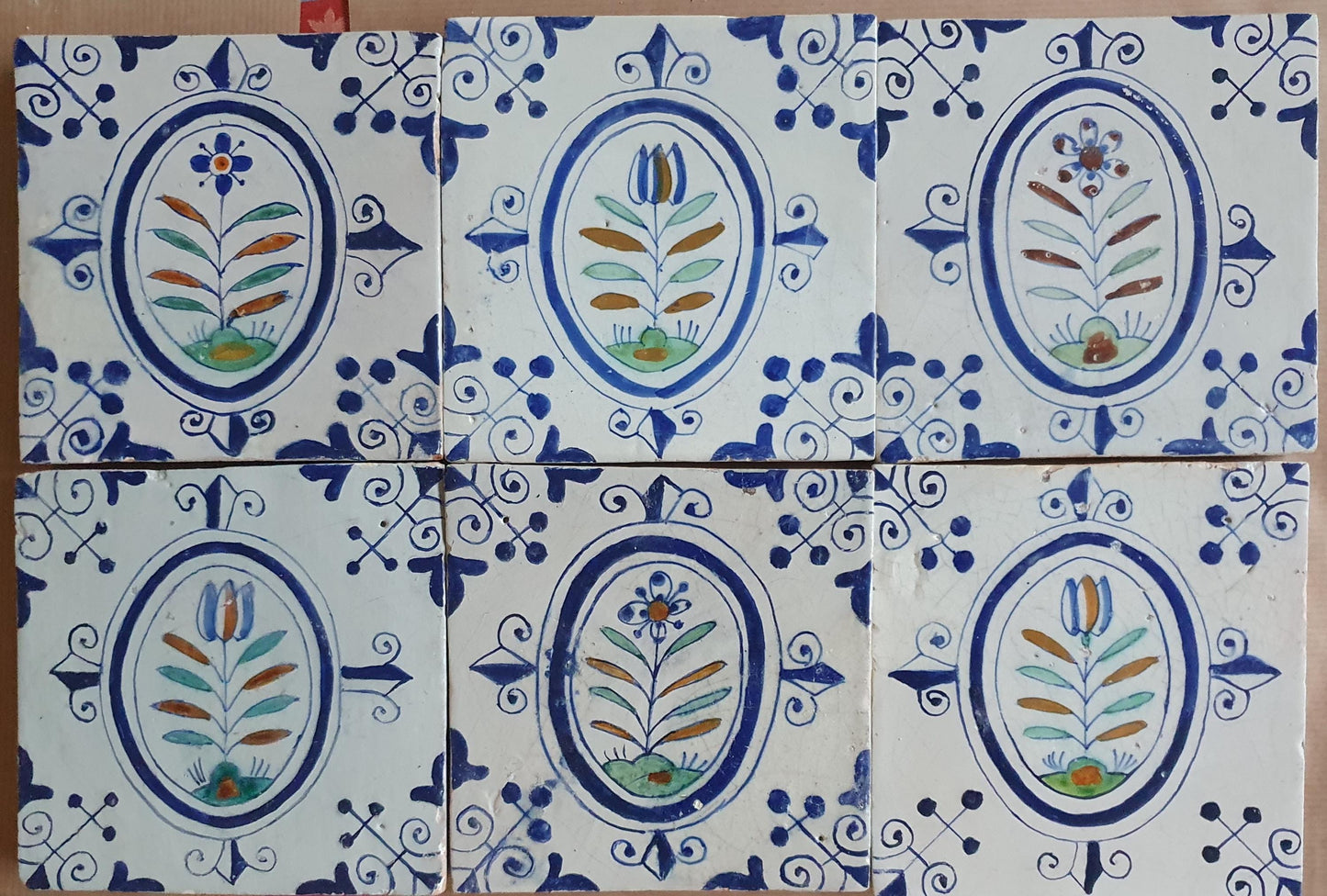 17th  Delft tulip medaillon tiles,  antique tiles with flowers, and Tulips set of 6